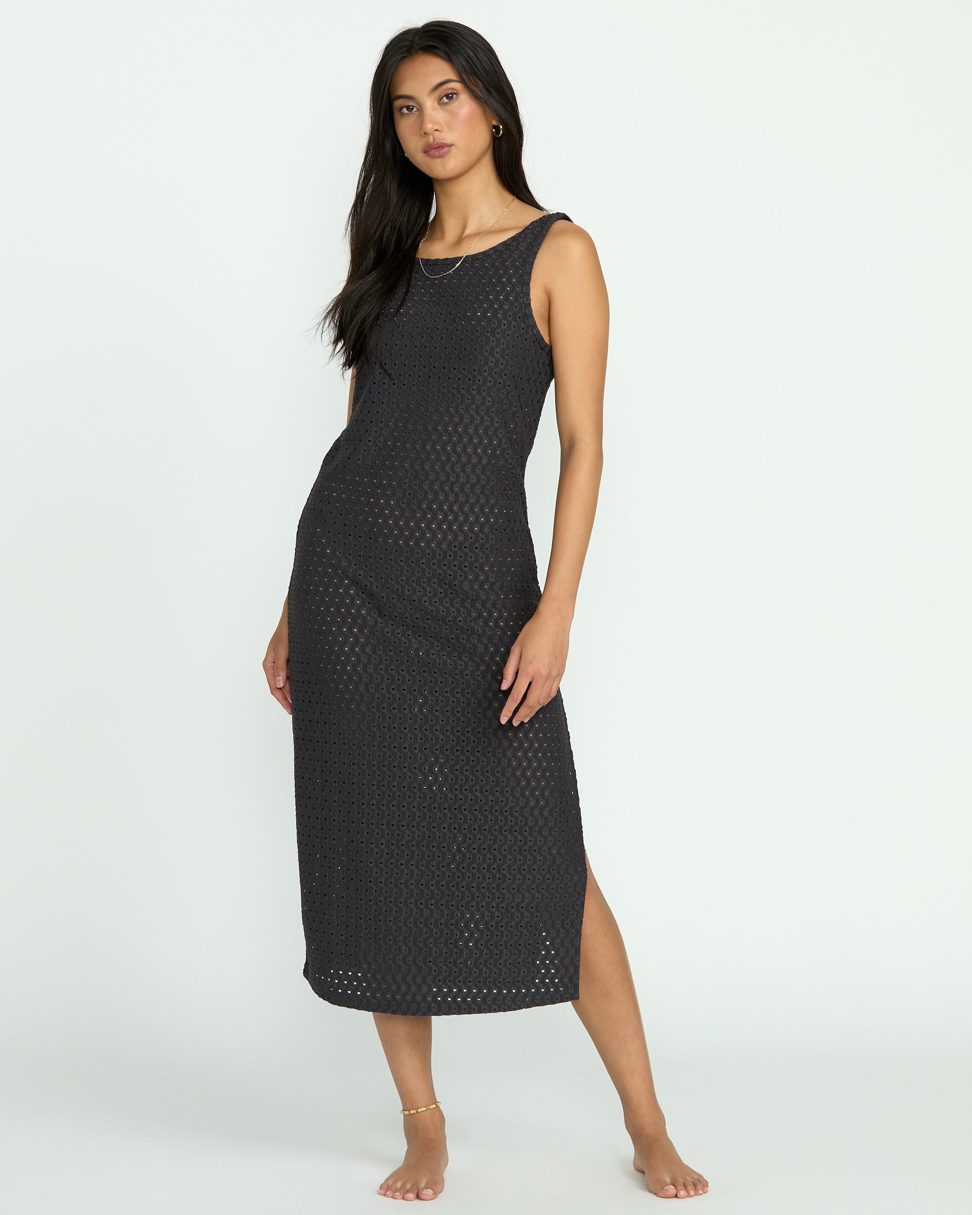 Eyelet Sun Midi Dress Beach Coverup - Off Black - Image 5