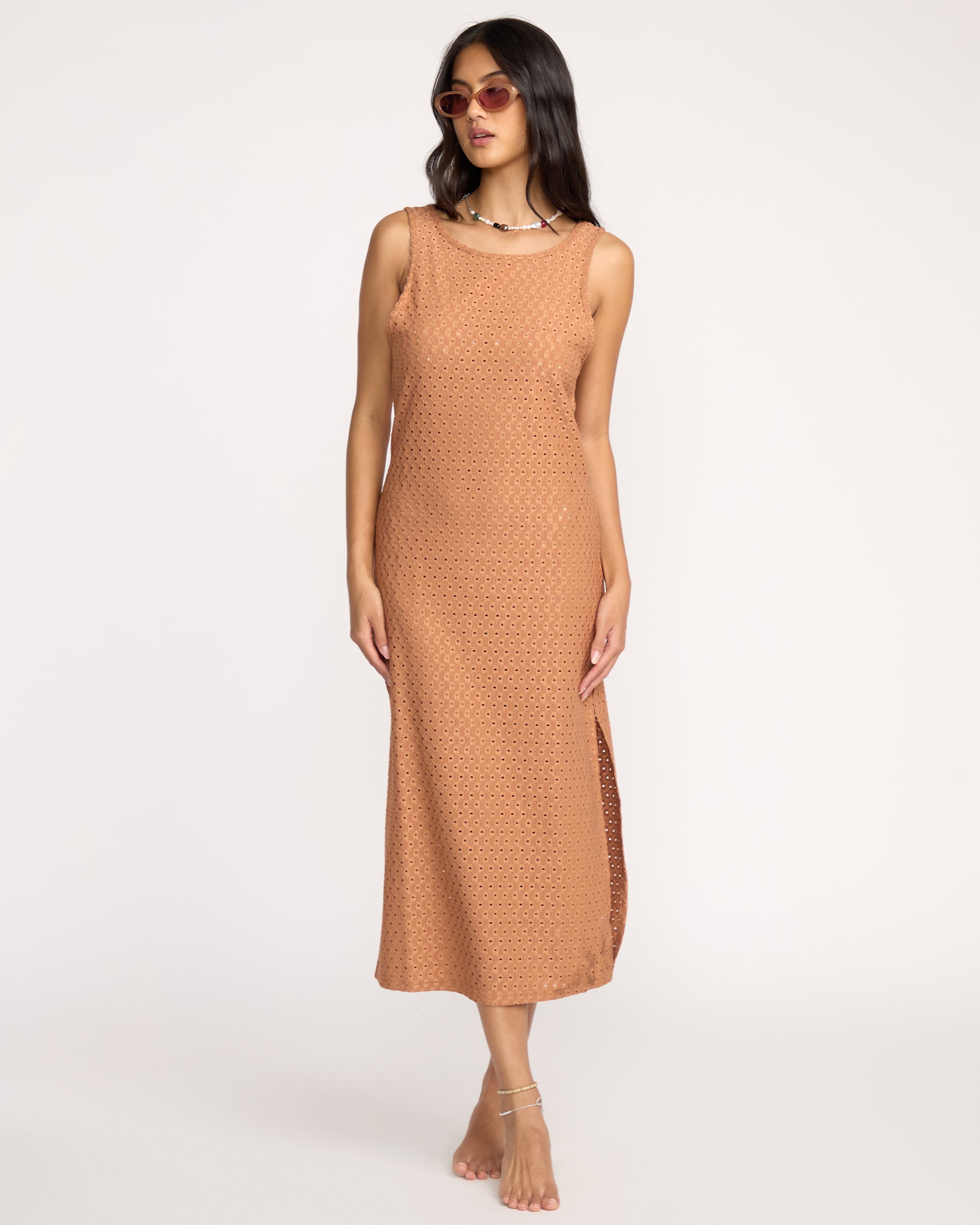 Eyelet Sun Midi Dress Beach Coverup - Rose Brown - Image 4