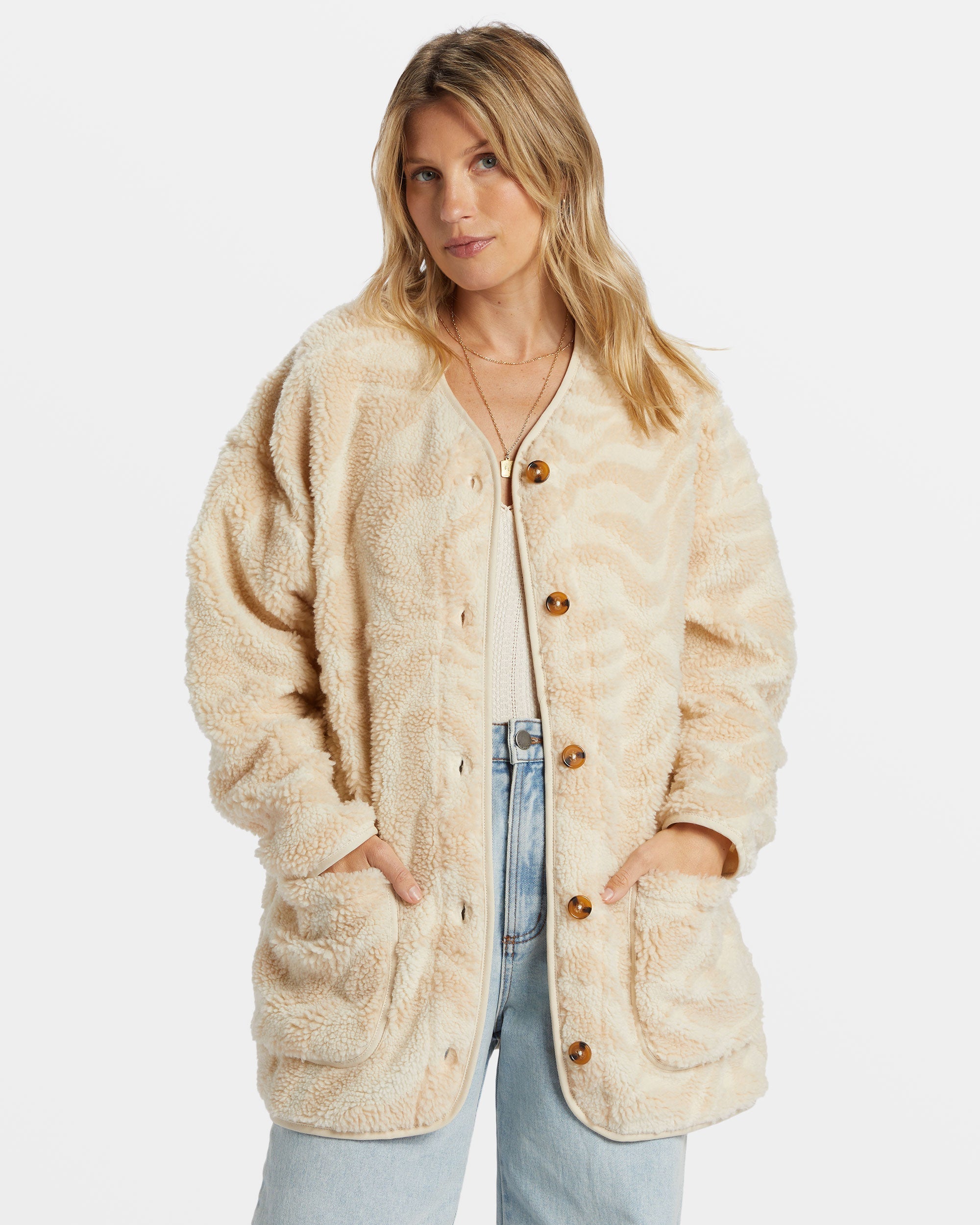 Fireside Cozy Buttoned Fleece Jacket - White Cap - Image 3