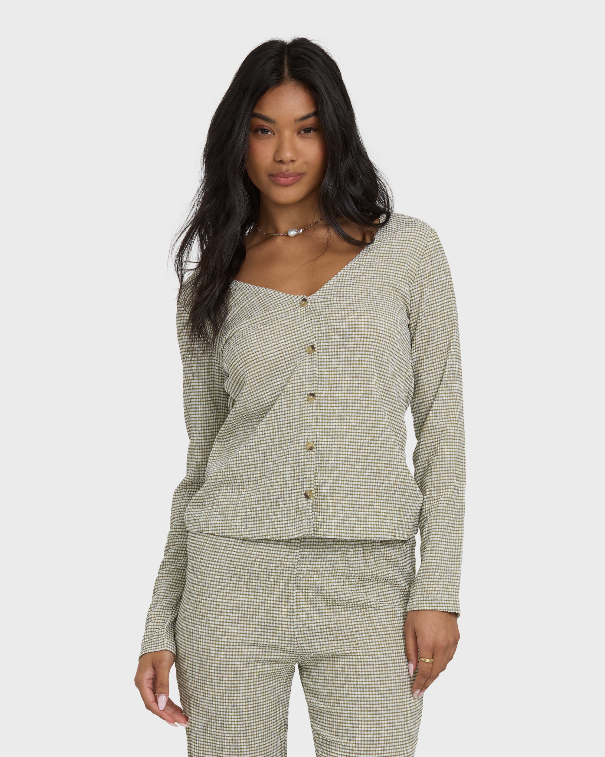 Hot Check Long Sleeve Knit Top - Martini Olive - Image 3